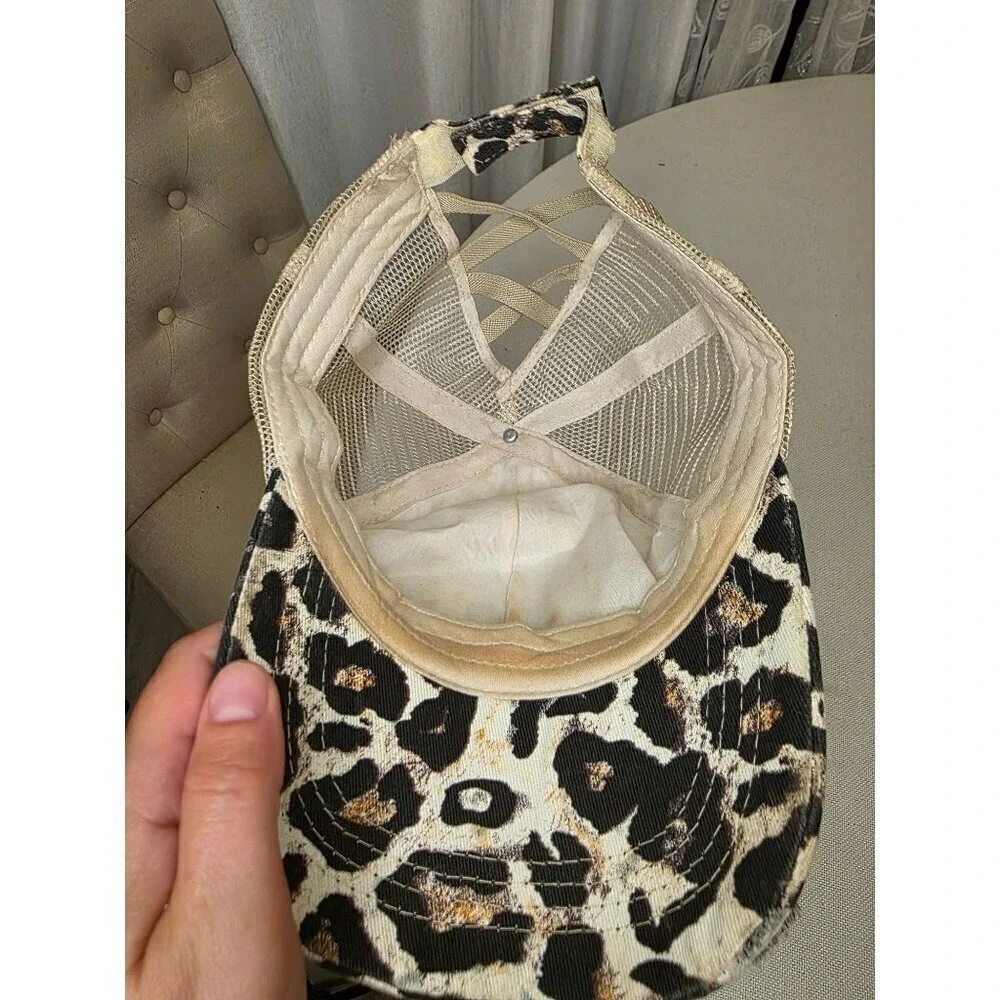 Leopard Print God Bless The USA Distressed Trucker Hat With Mesh‎ Back